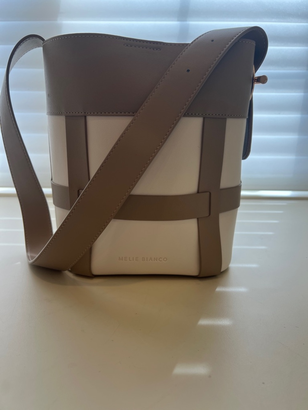 Melie Biianco Cream & Taupe Two-Tone Bucket Crossbody